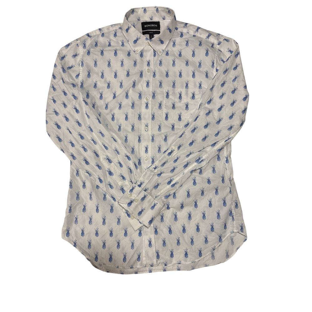 Bonobos Men's Slim Fit Sz M long sleeve button-down shirt white blue pineapple